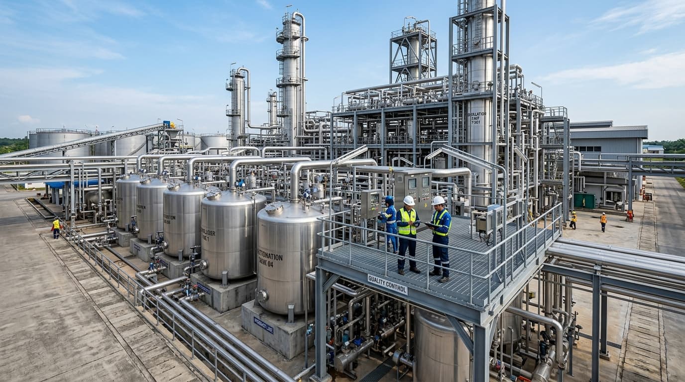 Industrial palm oil fractionation and refining complex in Malaysia